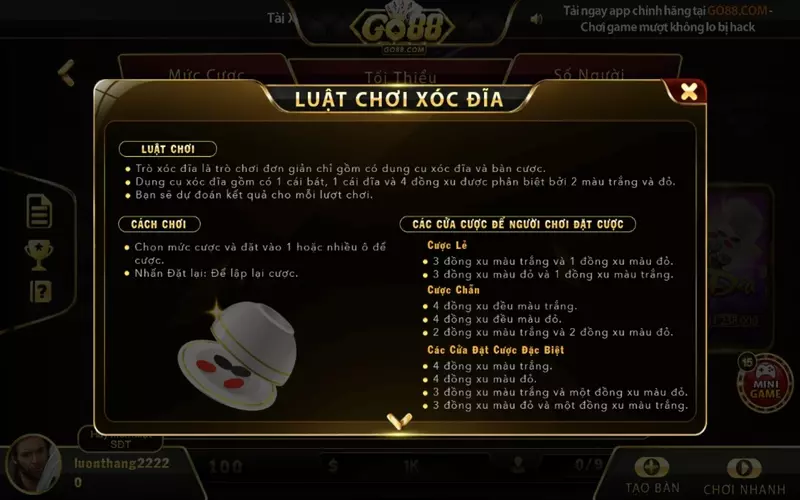 Xóc đĩa tại Go88 luôn nổi tiếng là một trò chơi có cách cược dễ