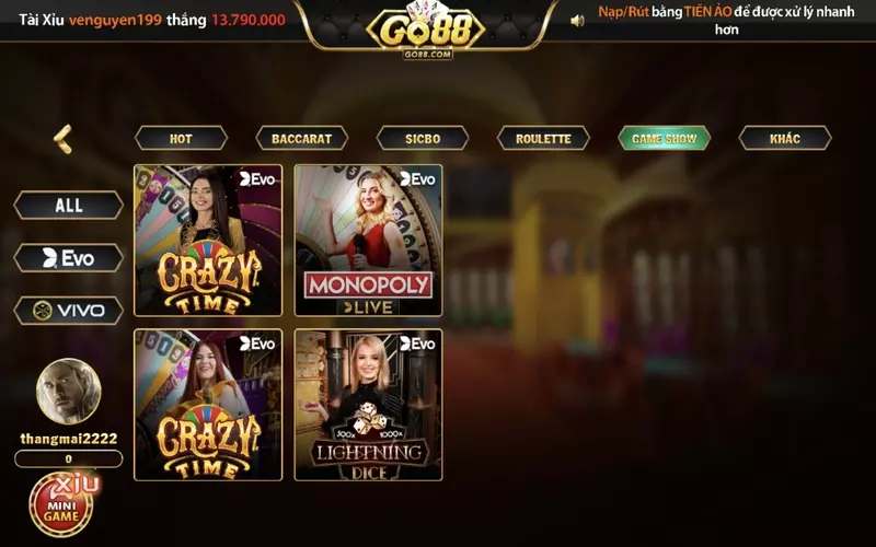 Crazy time live casino Go88 là một trò chơi được nhiều người để tâm