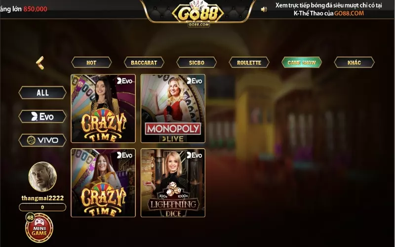 Game show tại live casino Go88 luôn được đánh giá cao