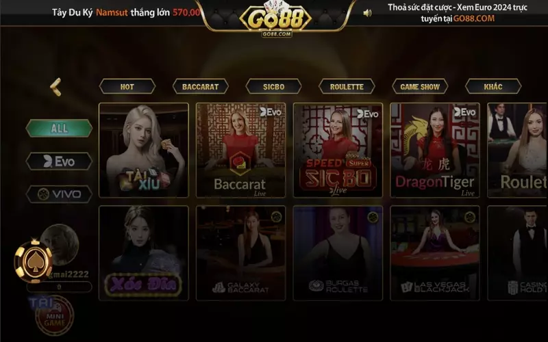 Live casino Go88 được biết đến với sảnh cược All