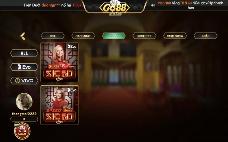 Sicbo live casino tại Go88 có khách đặt cược rất nổi bật