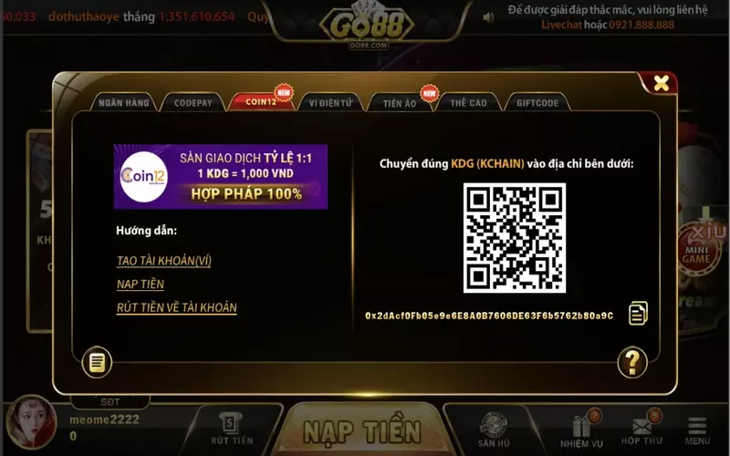 Nạp tiền Go88 thông qua đồng coin12 thường được biết đến là khá đơn giản