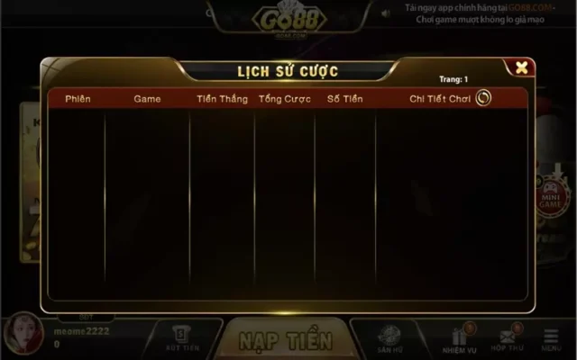 Mục lịch sử đặt cược ở tại Go88 gồm rất nhiều thông tin về tiền chơi game